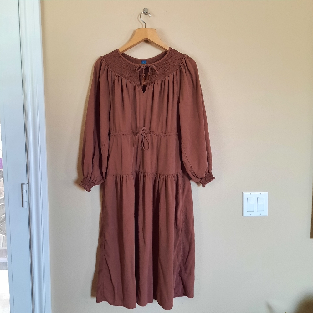 Old Navy Brown Cotton Cottagecore Cottage Peasant Dress Puff Sleeve Tiered